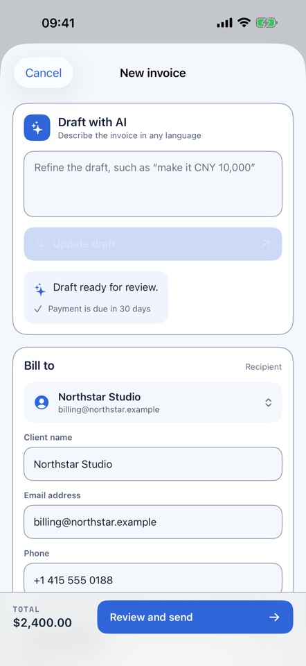 Invoice Reminder iPhone AI-assisted invoice drafting screen